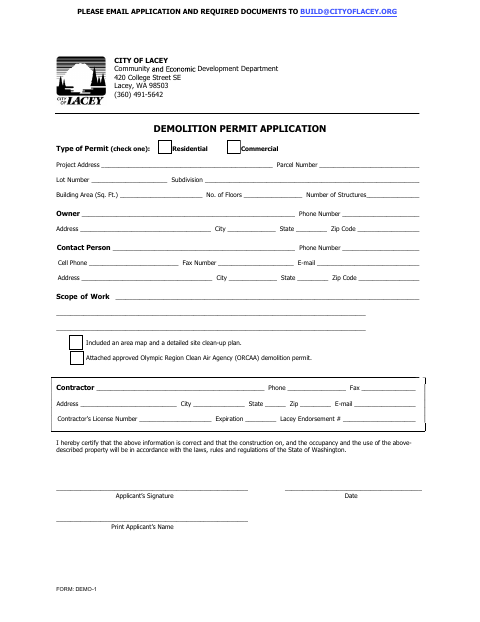 First page of the Demolition Permit Application