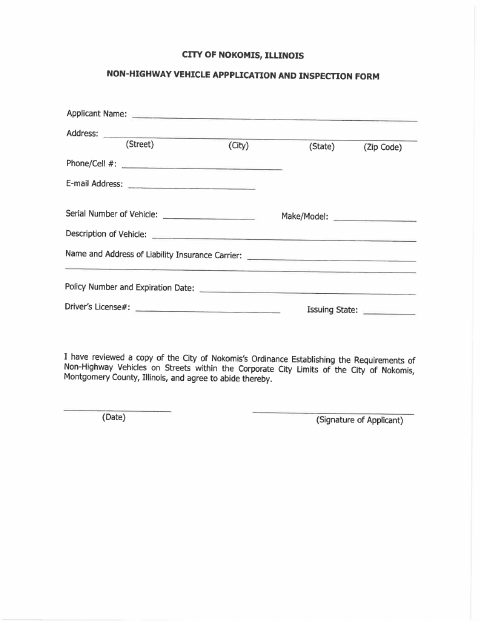 First page of the Non-Highway Vehicle Application and Inspection Form