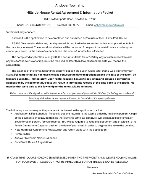 First page of the Hillside House Rental Agreement & Information Packet
