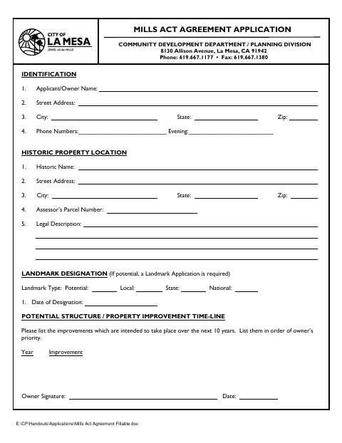 First page of the Mills Act Agreement Application
