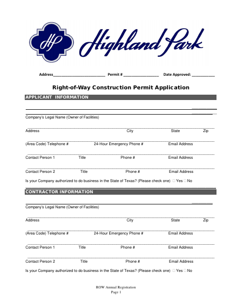 First page of the Right-of-Way Construction Permit Application