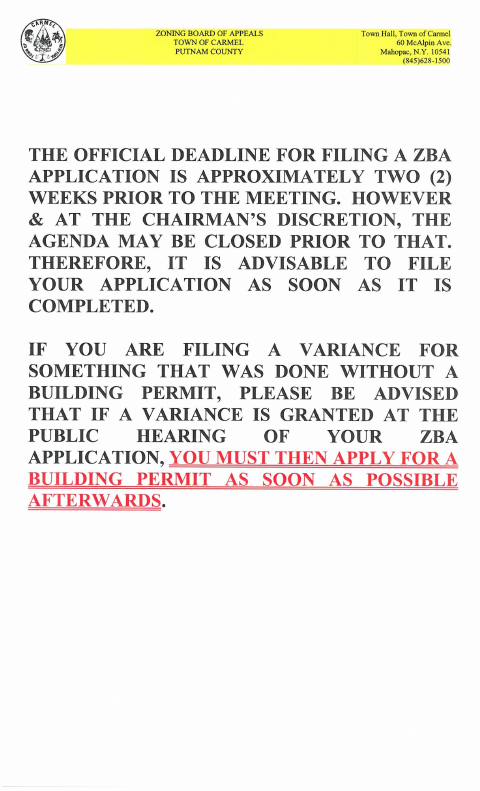 First page of the Zoning Board Of Appeals Application