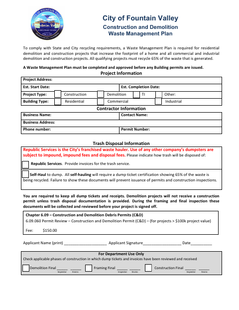 First page of the Construction and Demolition Waste Management Plan