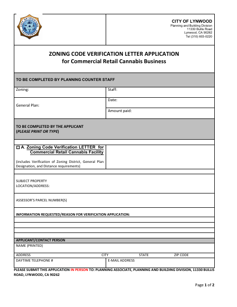 First page of the Zoning Code Verification Letter Application for Commercial Retail Cannabis Business