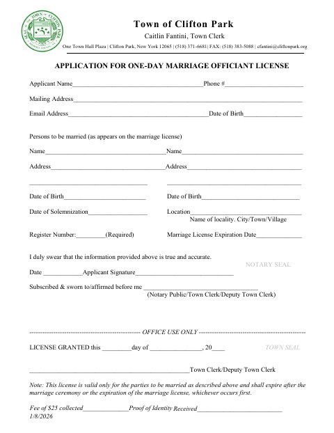 First page of the Application for One-Day Marriage Officiant License