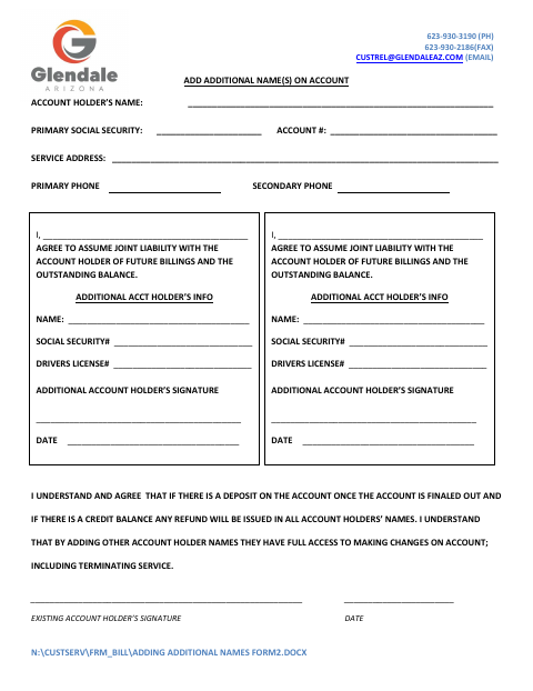 First page of the Add Additional Names on Account