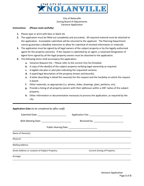 First page of the Variance Application