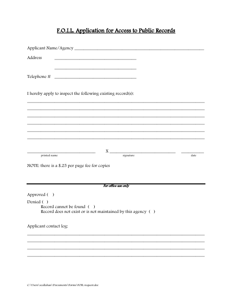 First page of the F.O.I.L. Application for Access to Public Records