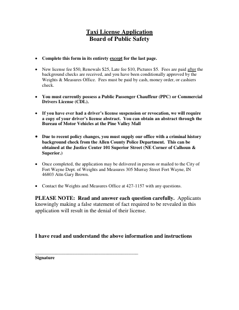 First page of the Taxi Driver License Application