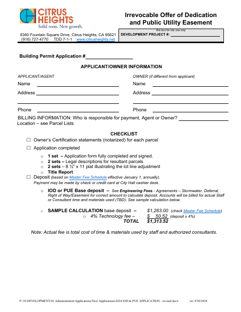 First page of the Irrevocable Offer of Dedication and Public Utility Easement Application