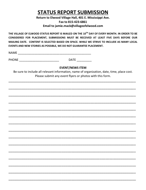 First page of the Status Report Submission