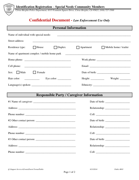 First page of the Identification Registration – Special Needs Community Members