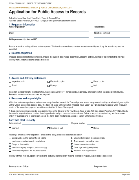First page of the Freedom of Information Law Application for Public Access to Records