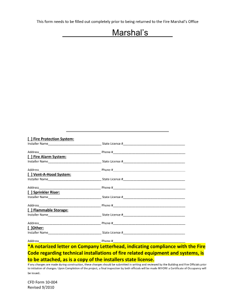 First page of the Fire Protection Systems Permit Application