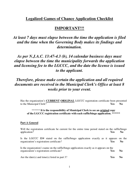 First page of the Legalized Games Of Chance Application Checklist