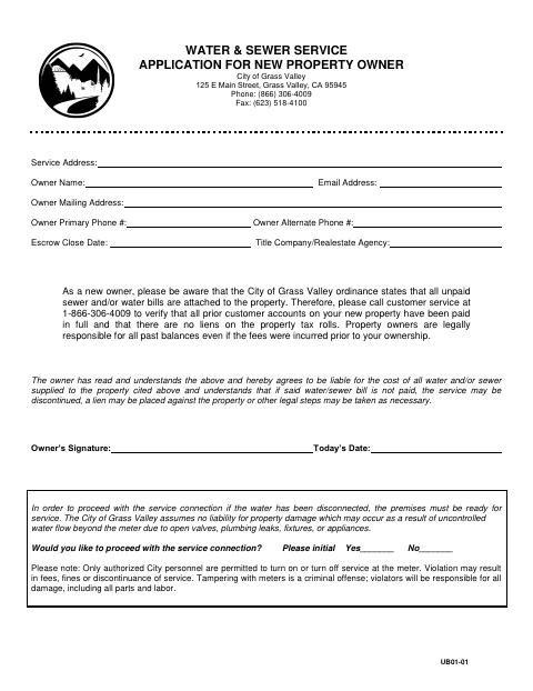 First page of the Water & Sewer Service Application for New Property Owner
