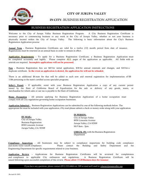 First page of the In-City Business Registration Application