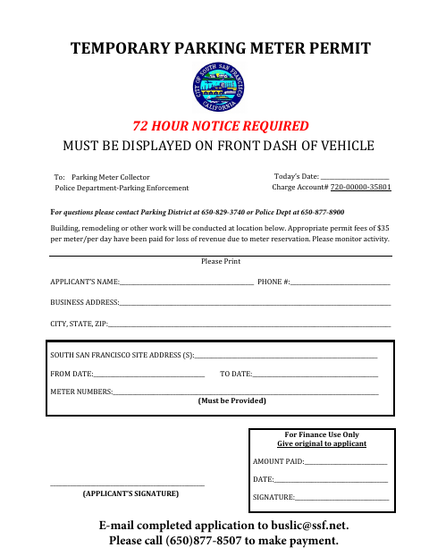 First page of the Temporary Parking Meter Permit