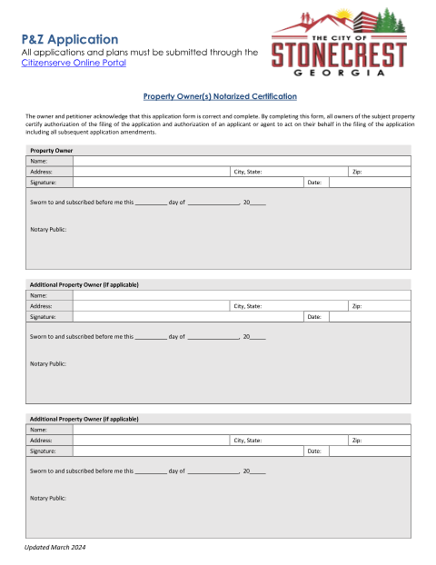 First page of the Property Owner(s) Notarized Certification