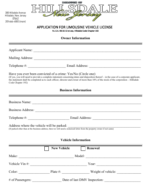 First page of the Application for Limousine Vehicle License