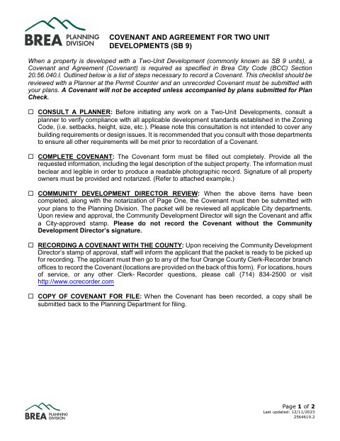 First page of the Covenant and Agreement for Two-Unit Development