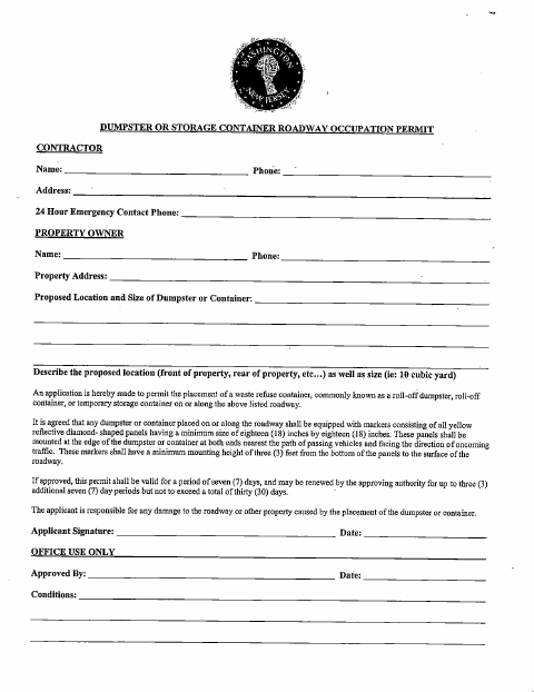 First page of the Dumpster or Storage Container Roadway Occupation Permit