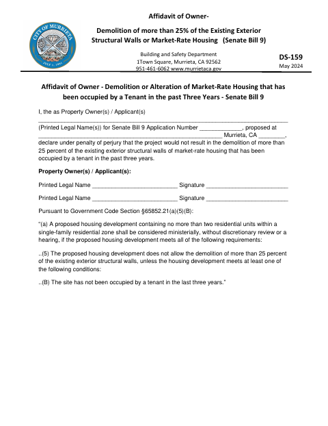 First page of the Affidavit of Owner for Demolition or Alteration of Market-Rate Housing – Senate Bill 9