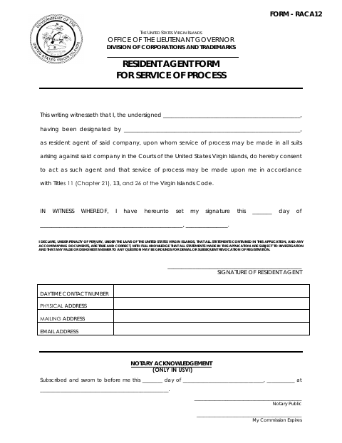First page of the Resident Agent Form for Service of Process