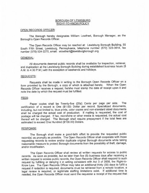 First page of the Right to Know Policy and Request Form