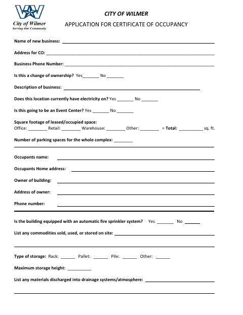 First page of the Certificate of Occupancy Application