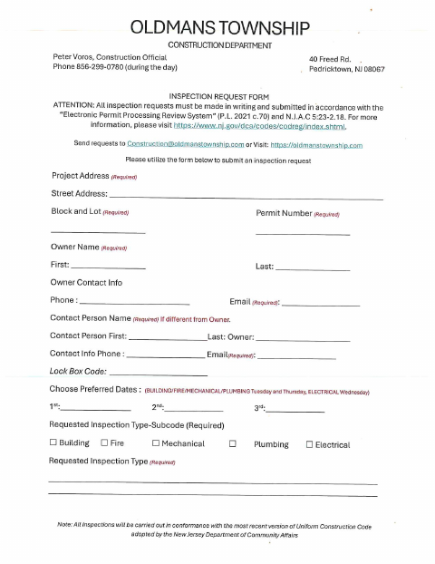 First page of the Construction Inspection Request Form