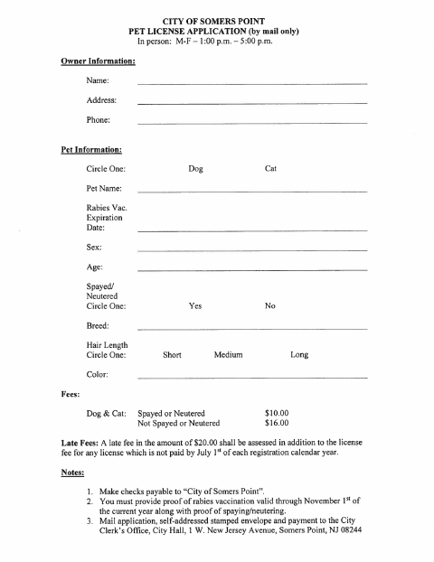 First page of the Pet License Application