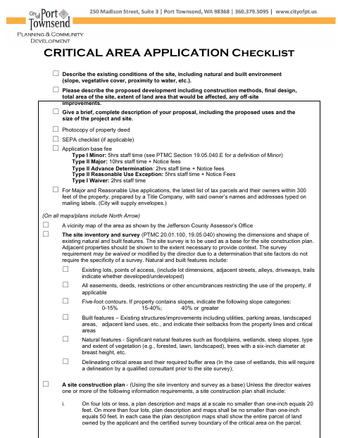 First page of the Critical Area Permit Checklist