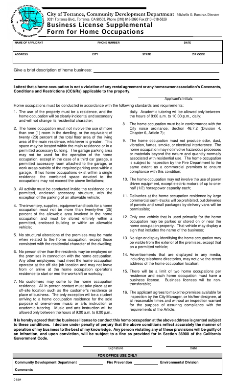 First page of the Business License Supplemental Form for Home Occupations