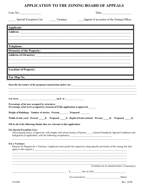 First page of the Application to the Zoning Board of Appeals