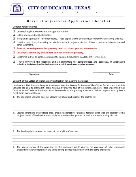 First page of the Zoning Board of Adjustment Variance Checklist and Universal Application
