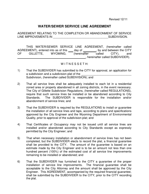 First page of the Water/Sewer Service Line Agreement