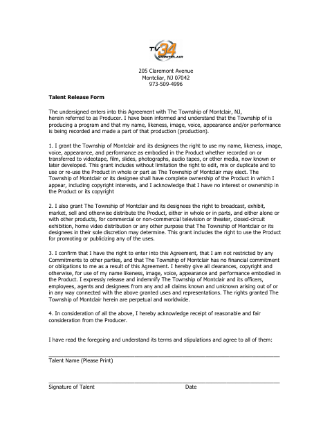 First page of the Talent Release Form