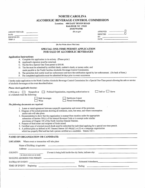 First page of the Special One-Time Permit Application for Sale of Alcoholic Beverages
