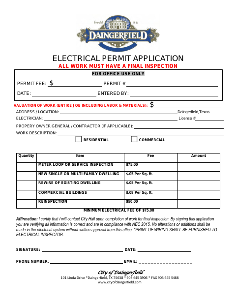First page of the Electrical Permit Application