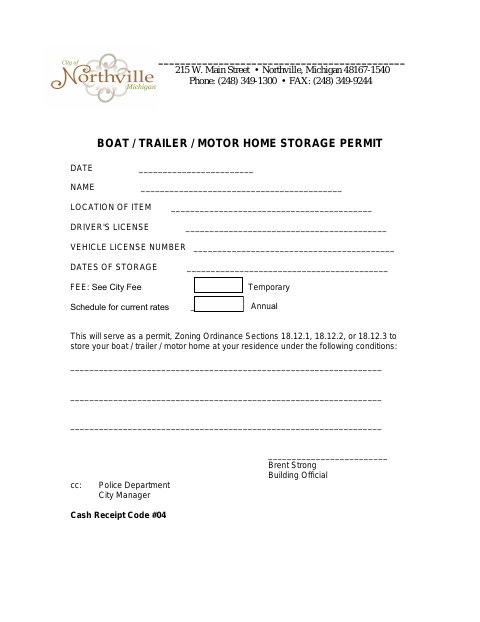 First page of the Boat / Trailer / Motor Home Storage Permit