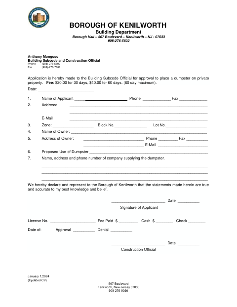 First page of the Dumpster Permit Application