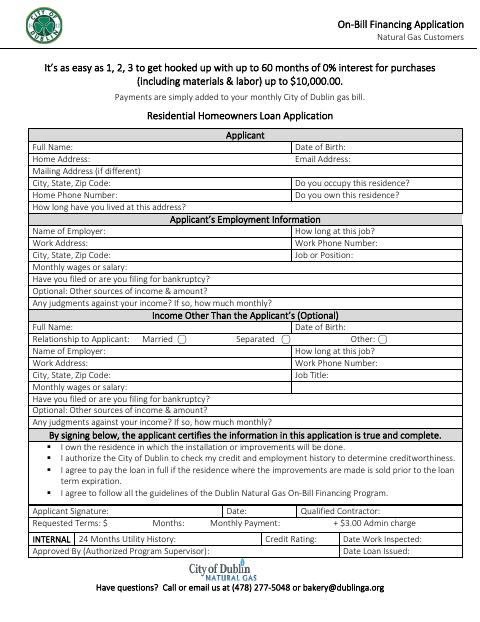 First page of the On-Bill Financing Application
