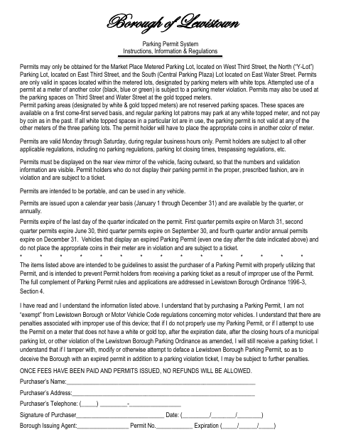 First page of the Metered Parking Permit Application