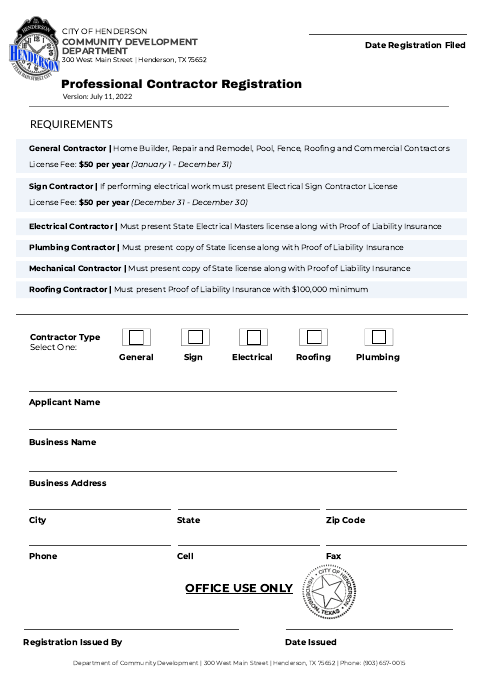 First page of the Professional Contractor Registration