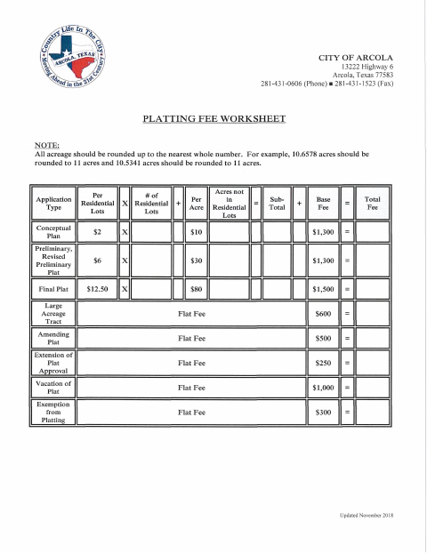 First page of the Platting Fee Worksheet