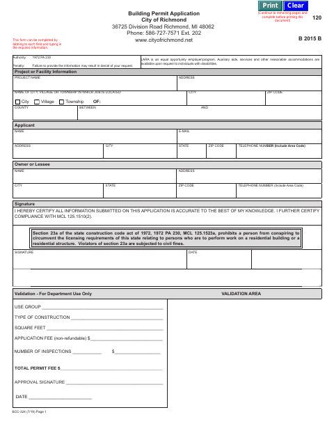 First page of the Building Permit Application