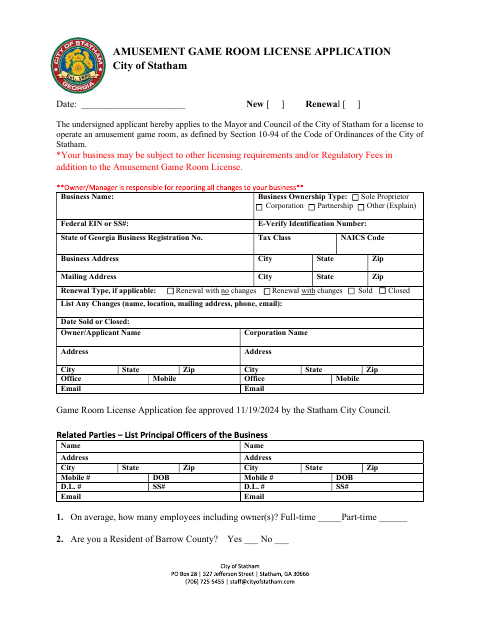 First page of the Amusement Game Room License Application