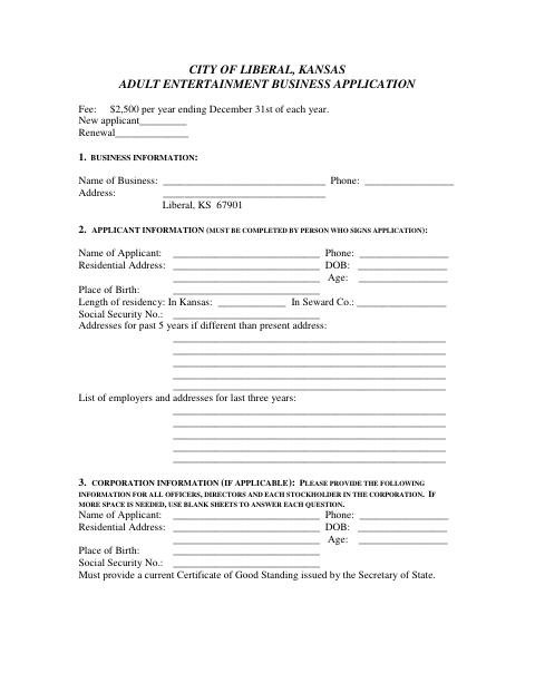 First page of the Adult Entertainment Business Application