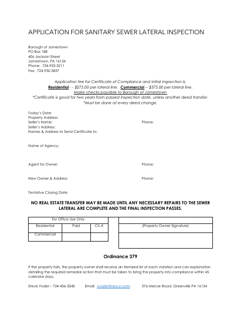 First page of the Application for Sanitary Sewer Lateral Inspection